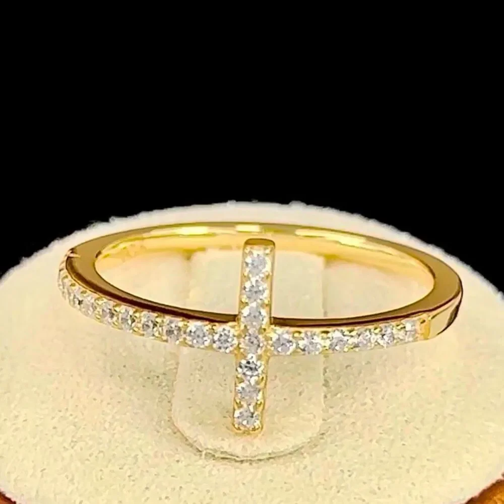 14k Yellow Gold Vermeil Sideways Cross Ring Sparkling CZ Pave Band New
